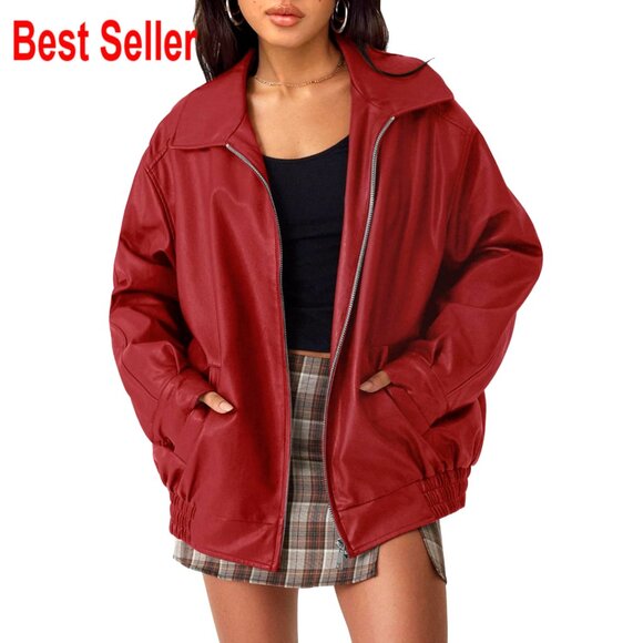 Oversized Faux Leather Motorcycle Jacket with Zipper Closure